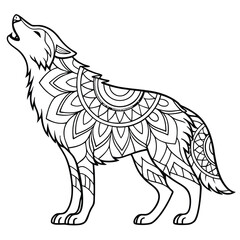 Obraz premium Intricate Wolf Mandala Coloring Page: Detailed Line Art Illustration of Howling Wolf for Relaxation and Creative Coloring Fun for Adults & Kids