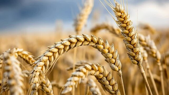 Golden wheat field under cloudy sky, showcasing ripe ears of wheat in agricultural crop setting.