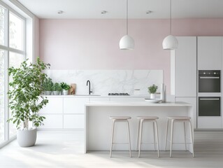 A modern kitchen design with light pink walls and accents