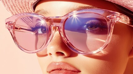 Fototapeta premium Arafed woman in a pink hat and sunglasses stands against a vibrant pink background, showcasing a stylish and modern look.