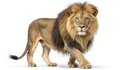 Obraz premium Side view of a Lion walking, looking at the camera, Panthera Leo, 10 years old, isolated on white