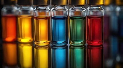 Vibrant Colored Liquids in Glass Vials: A Close-Up View of Colorful Chemical Samples