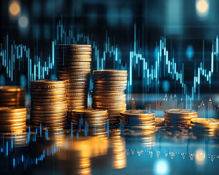 Financial investment strategy visualized with stacks of coins, increasing stock market graphs, and a digital wealth background symbolizing growth, profit, and success