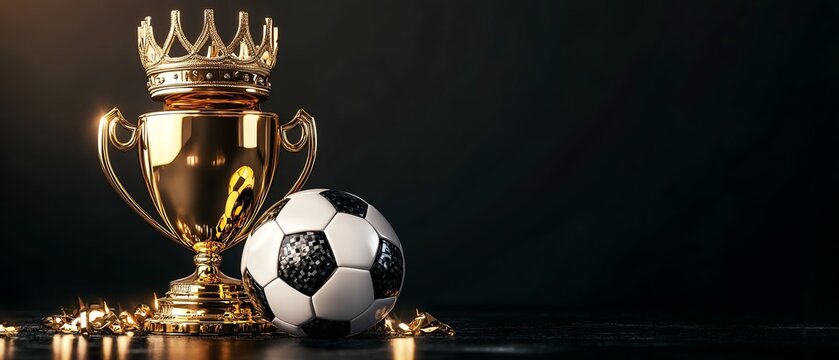Golden soccer ball with a king s crown, surrounded by a glowing champion cup and trophy, isolated on a sleek black background, symbolizing sports excellence