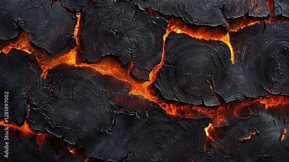 Poster a close-up of a charred tree trunk, gleaming with a golden hue, reveals the detailed patterns of its