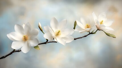 Delicate Magnolias Against Soft Blurred Light Blue Background