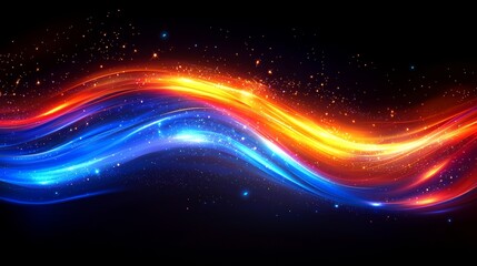 Obraz premium Blue horizontal light streaks against a black backdrop, featuring a glowing effect and shimmering lines. These blue glowing lines form a horizontal beam, evoking the sensation of a light trail