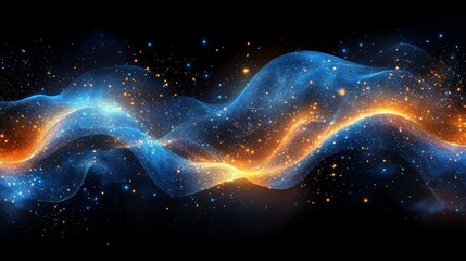 Obraz premium On a black background, blue horizontal light streaks create a glowing effect with radiant lines, forming a horizontal beam that suggests a light trail