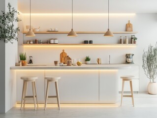 A modern kitchen is illuminated by warm indirect lighting
