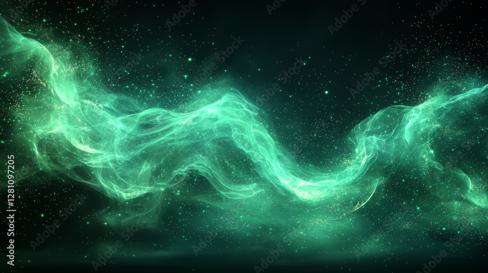 Poster futuristic green scenery adorned with dynamic lines and digital components, suitable for high-tech a