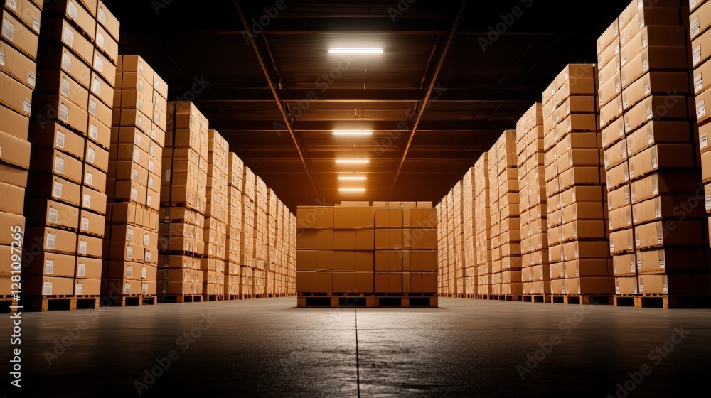 Poster a well-organized warehouse with stacked cardboard boxes, illuminated by overhead lights, creating a 