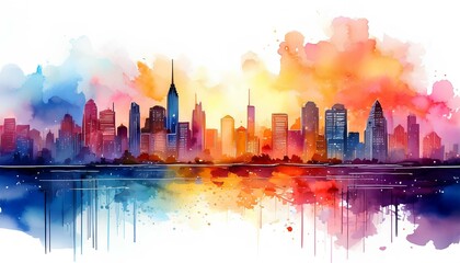 colorful watercolor of city skyline on white background