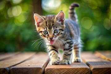 Naklejka premium Striped tabby kitten walks across board while licking nose