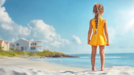 A young girl gazes at the vast ocean while standing on the sandy beach, embodying curiosity and wonder in a serene coastal setting.
