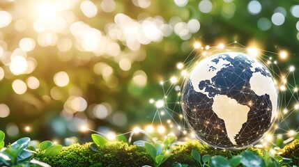 Abstract Digital Globe with Network Grid and Natural Elements Background