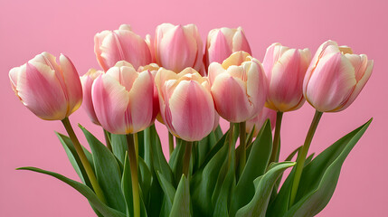 Fototapeta premium Pink tulips bouquet on a soft pink background.