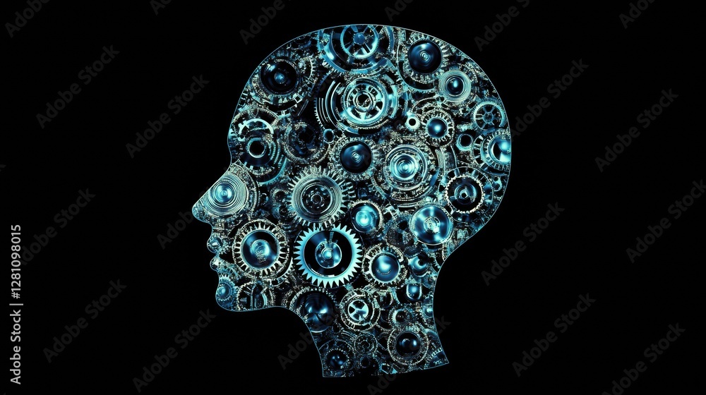 Leinwandbilder Human head contour filled with interlocking gears representing artificial intelligence and innovation. Generative AI