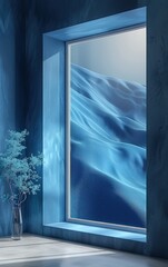 Modern minimalist interior design with a window displaying a tranquil blue landscape. Sunlight streams into a muted blue room, featuring a vase of delicate blue foliage.