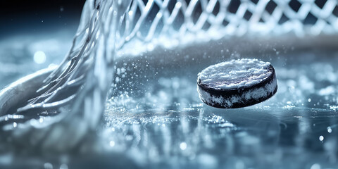 Shot hockey puck speeding down the ice into goal net and splashing water and ice particles flying through the air. Banner with copy space. Hockey world cup theme.