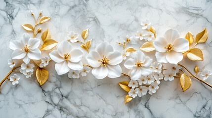 3D floral art light sconce with white flowers and golden leaves, wall lamp on a marble background
