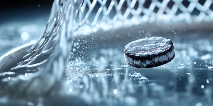 Shot hockey puck speeding down the ice into goal net and splashing water and ice particles flying through the air. Banner with copy space. Hockey world cup theme.
