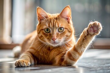 Studio shot of a gray and white striped cat sitting on blue background