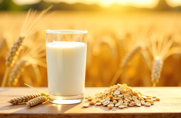 Oat milk in a glass against the background of golden oat ears.
