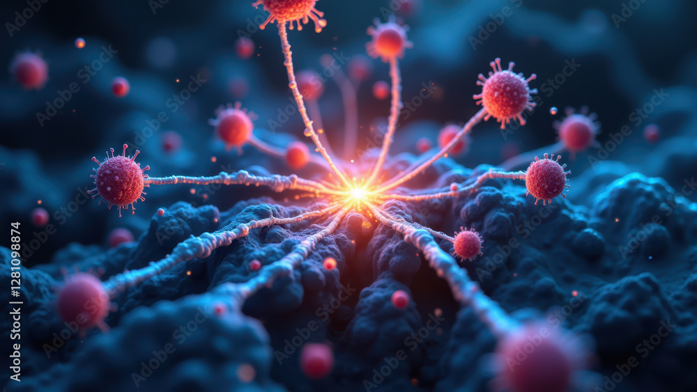 Poster a microscopic view of a virus with a central fluorescent sphere labeled 