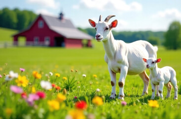 Obraz premium A goat and a kid stand on a green flowering meadow against the background of a farm. Goat milk production concept.