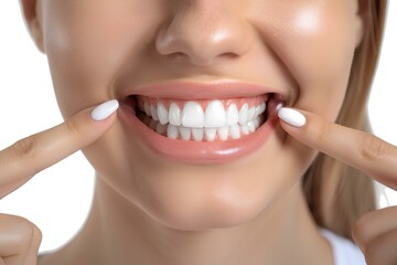 Fototapeta premium woman with perfect white teeth pointing to her mouth, no background