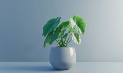 Lush green plant in a modern pot, elegantly displayed on a minimalist table against a soft blue backdrop