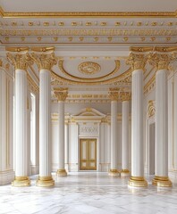 Obraz premium A spacious room features elegant columns supporting the ceiling and a striking gold door as the focal point of the interior design.