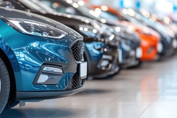 A detailed view showcasing a lineup of cars displayed prominently in a modern showroom setting.