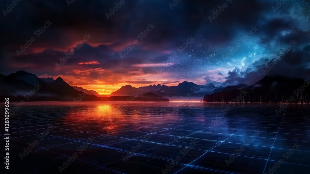 Poster a futuristic background with glowing lines and bokeh effect