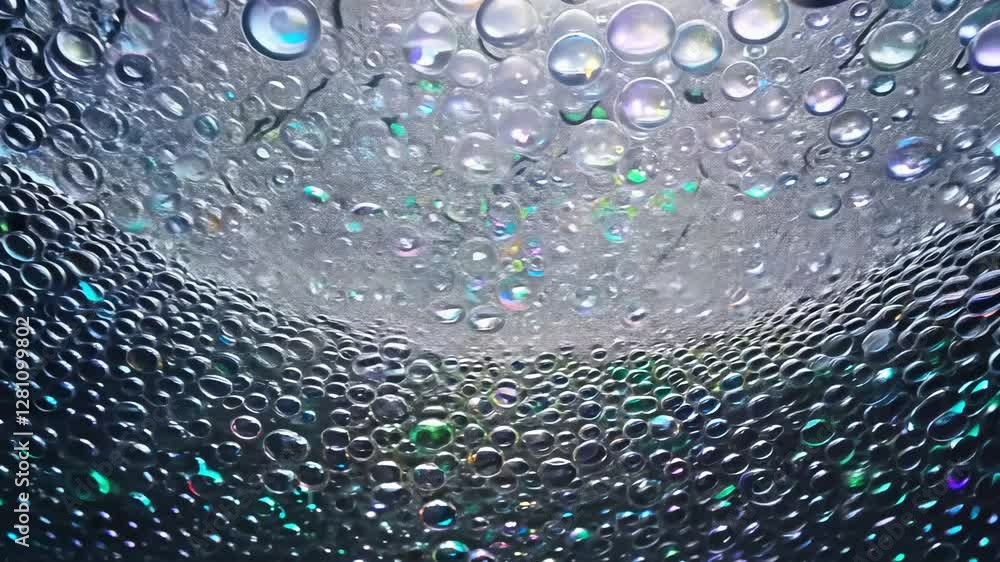 Poster zoom out video of a scattered array of beautiful colorful soap bubbles illuminated by dynamic multi-