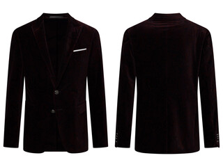 Portrait of men's suit jacket ( blazer ) isolated in white background, invisible ghost mannequin. Fashion industry high-quality studio shot photography. Front and back view.
