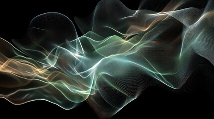 Abstract flowing light waves, teal, gold, and green on black background.