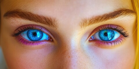 Obraz premium A close-up view showcasing the captivating blue eyes of a woman, highlighting their color and intricate details.