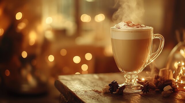 Steaming latte on a wooden table, soft bokeh background, cozy cafe ambiance Warmth and comfort in every sip