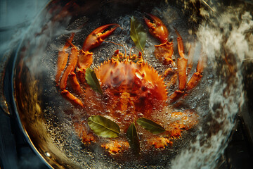King crab in boiling water with a bay leaf in a pot on the kitchen top view background.