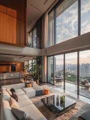 Fototapeta premium Spacious modern living room with large windows and city views