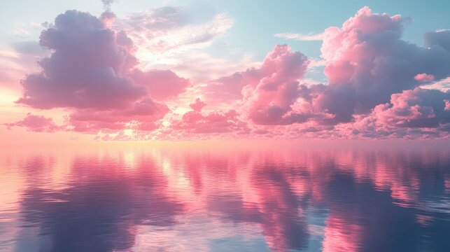 Pink sunset over calm ocean; clouds reflected; peaceful scene; ideal for travel brochures