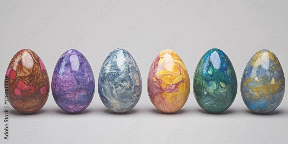 Poster a row of colorful, handcrafted decorative eggs made from recycled materials. these unique items are 