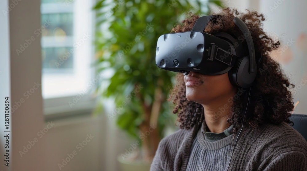 Poster individual engages with virtual reality technology to enhance mindfulness and mental health through 