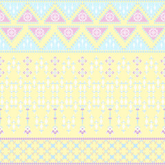 Yellow and blue geometric, Navajo seamless pattern with ethnic motifs. Native American or geometric vector texture for design or print, textiles, sarees, and wallpaper.