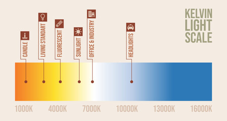 Kelvin light scale infographic vector. Each category is clearly labeled with corresponding color temperatures, transitioning from warm yellows to cool blues.