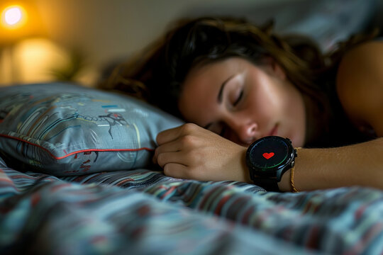 Woman Sleeping on Bed with Smartwatch Displaying Heart Rate