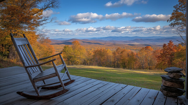 An old rocking chair placed on a wooden porch with a view of a forested hill - Powered by Adobe