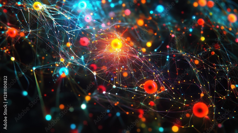 Poster abstract colorful network of glowing particles and lines.