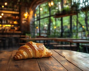 A croissant sits upon a wooden table in a cafe